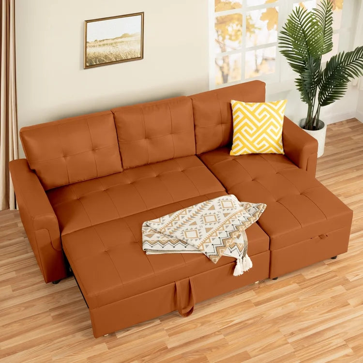 Naomi Home Perry Modern Leather Sectional Sofa with Storage Chaise-Color:Caramel,Fabric:Air Leather