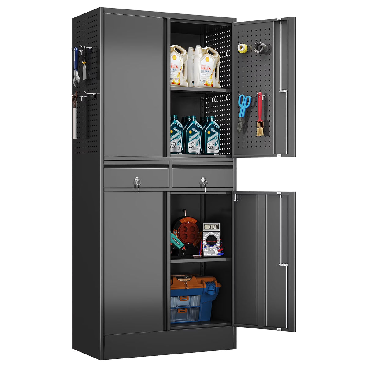 Aobabo 71.41''H Metal Garage Storage Cabinet with Lockable Doors and Hanging Rod,Broom Closet Storage Cabinet with Pegboard and Adjustable Shelves for Home Office School,Required Assembly,Black