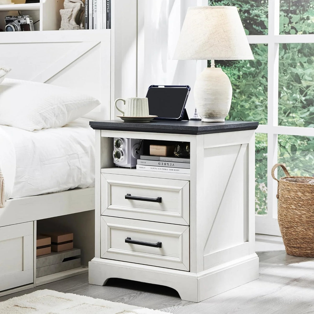 ACCOHOHO Nightstands Set of 2 with Charging Station, Rustic End Table with 2 Drawers Farmhouse Side Table with 3-tier Storage for Bedroom Living Room, White
