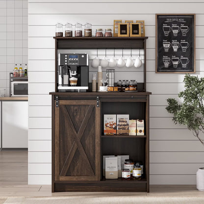 Catrimown Coffee Bar Cabinet, Barn Door Sideboard Buffet Cabinet with Storage, White