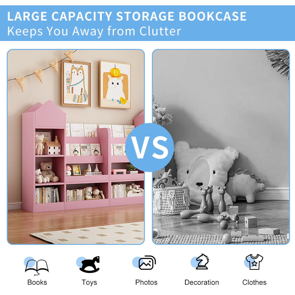 PORKISS Bookshelf for Kids, Wood Kids Bookcase with Toy Storage Organizer, Freestanding Book Shelf with 6 Compartments and 2 Baskets Bins for Kids Bedroom, Nursery, Playroom, Natural