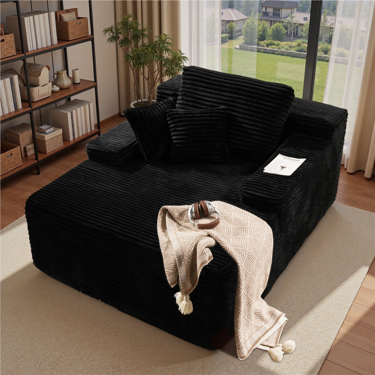 Ovios 67'' Oversized Chaise Lounge Chair Indoor Cloud Plush Corduroy Floor Sofa Bed Deep Seat No Assembly Couch for Living Room, Black