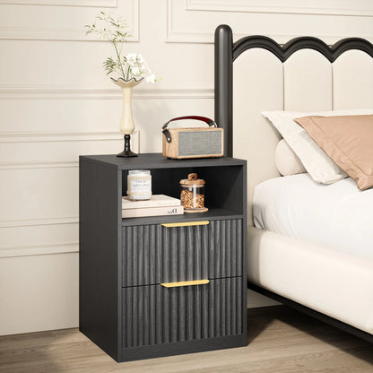 LIKIMIO Nightstand Set of 2, Fluted Bedside Table with Drawer Storage, Modern End Table Bedside Stand for Bedroom Living Room Office, Black