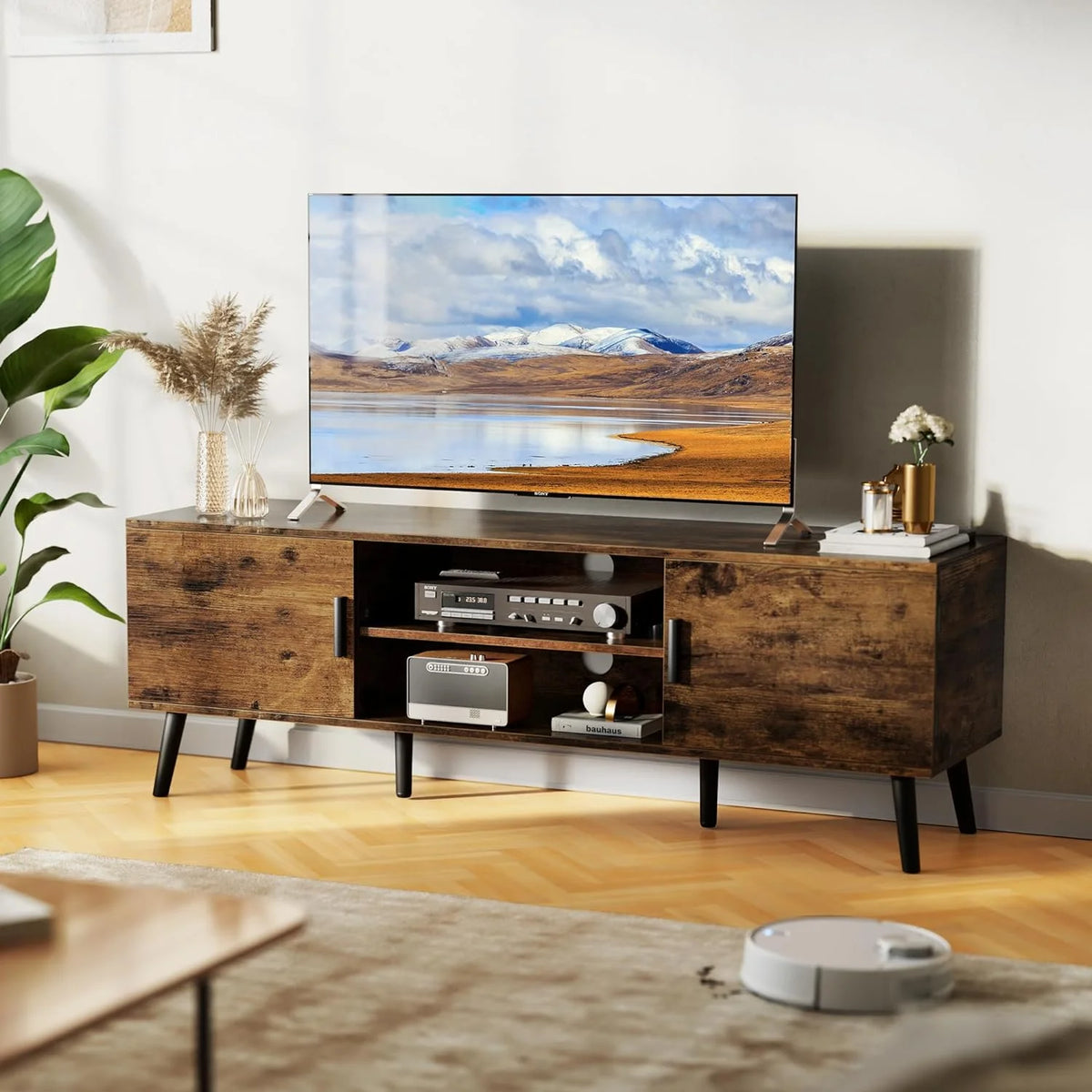 LL TV Stand for 55 Inch TV, Entertainment Center with Adjustable Shelf, 2 Cabinets, TV Console Table, Media Console, Solid Wood Feet, Cord Holes, for Living Room, Bedroom, White