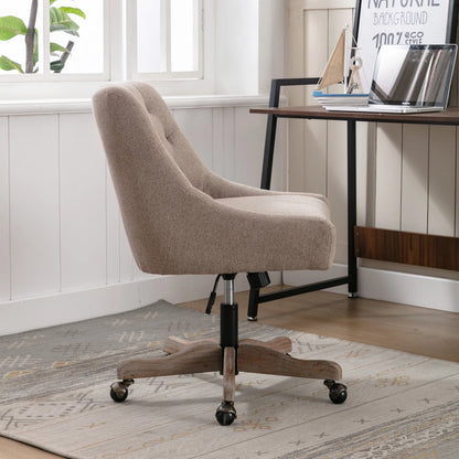 360 Degree Swivel Office Desk Chair, Upholstered Leisure Vanity Chair with Solid Wood Base and Wheels, Adjustable Height Computer Chair for Bedroom Living Room, Brown