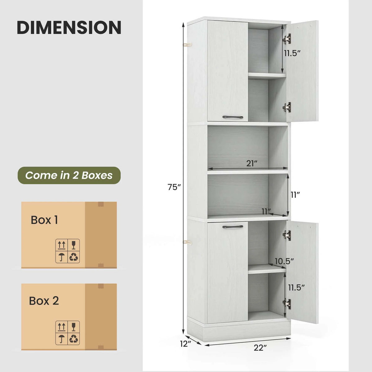 Costway 75" Tall Bathroom Storage Cabinet with 4 Doors & 2 Open Compartments Freestanding White