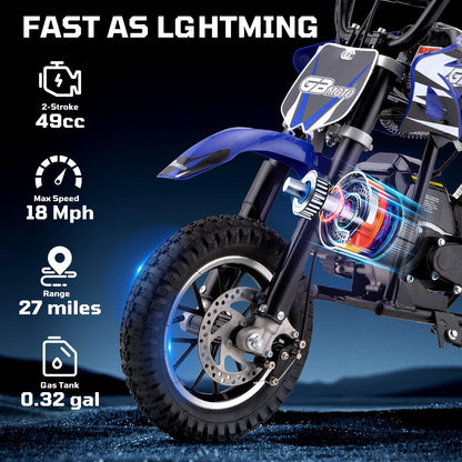 49cc Dirt Bike for Kids, Tcdjtc Gas Dirt Bike with 27 Miles Max Range, Kids Dirt Bike with 18 MPH Max Speed, Gas Powered Dirt Bike with 132 LBS Capacity, Mini Motorcycles for Kids, Gas Mini Bike