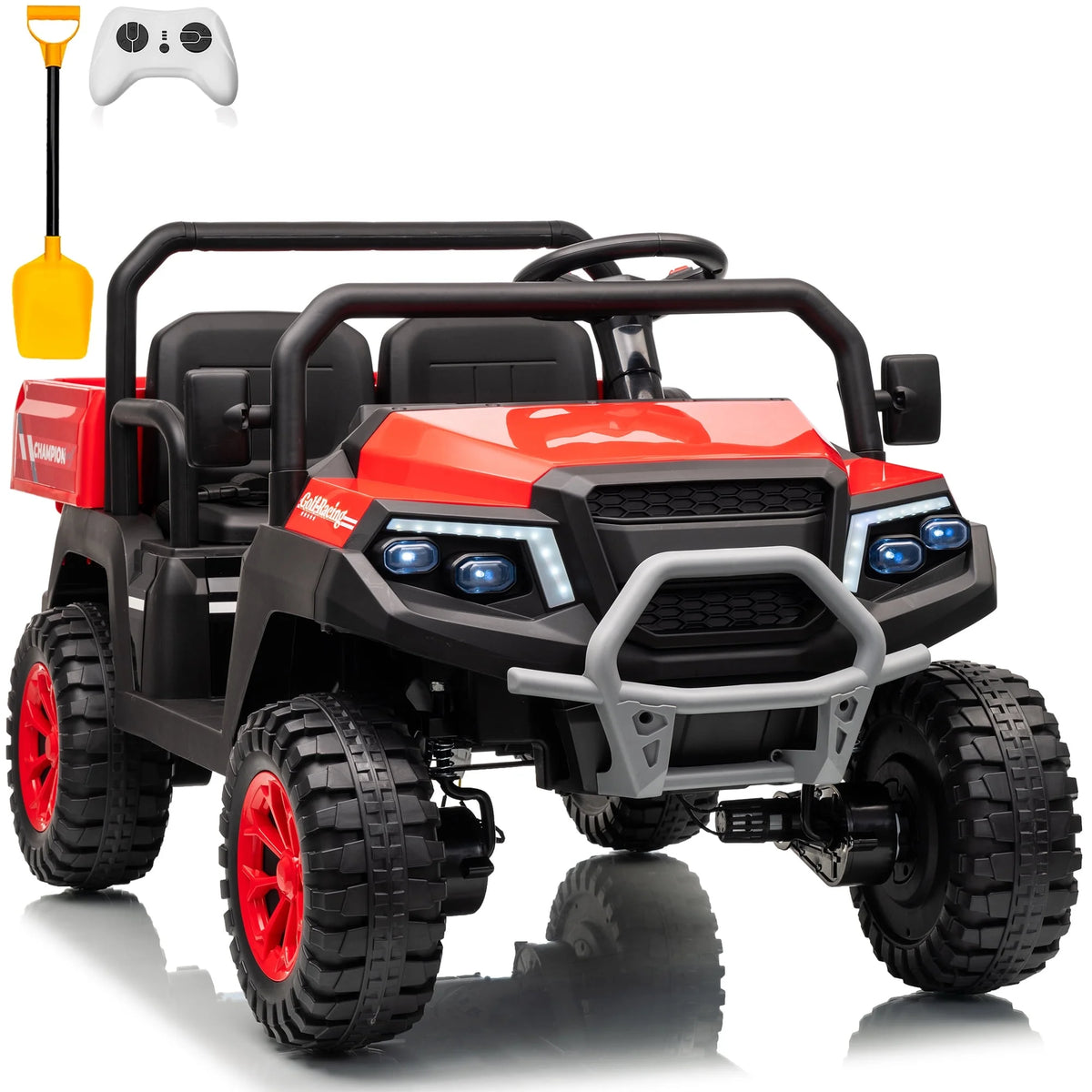 Joyracer 4WD 24 Volt Ride on Toys UTV with 2 Seater & Remote Control, Kids Electric Golf Cart w/ 4x200W Power Motors, Tiltable Trailer & Shovel, 4 Wheels Spring Suspension, Bluetooth USB Music, Black
