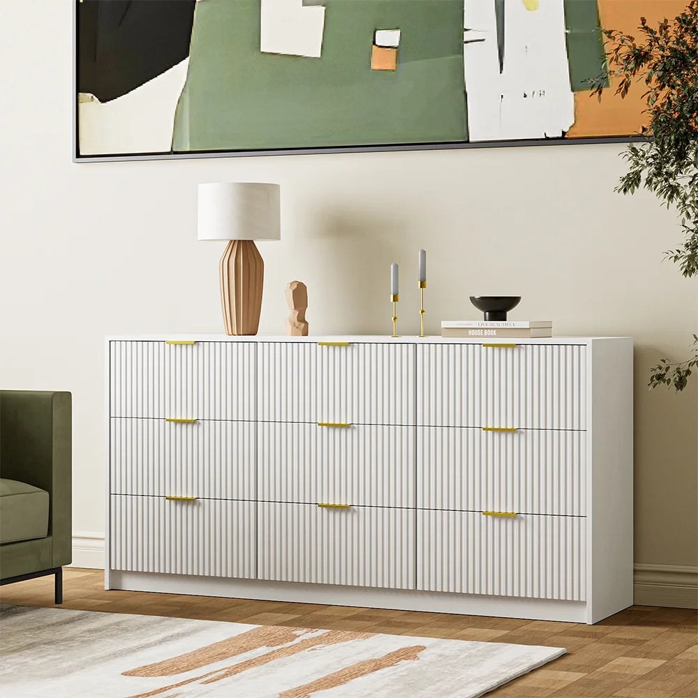 Furniway Fluted Large 9-Drawer Black Dresser