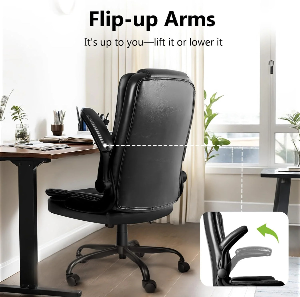 Office Chair - Ergonomic Leather Office Chair Computer Desk Chair, Comfortable High Back Office Chair with Adjustable Flip-up Armrest, Executive Leather Office Desk Chair with Smooth Wheels, Black