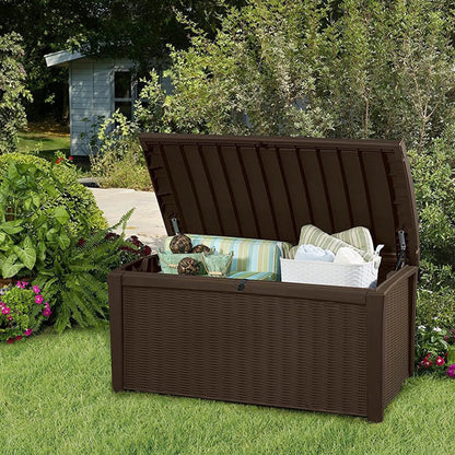Keter Borneo 110 Gallon Rattan Wicker Resin Deck Storage Box Bench, Brown
