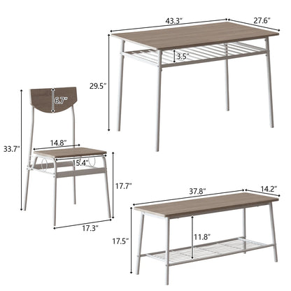 6-Piece Dining Table and Chair Set, Includes 1 Table, 1 Bench and 4 Chairs, Rectangular Kitchen Table and Armless Chairs, Compact Chairs with Curved Backrest for Dining Room