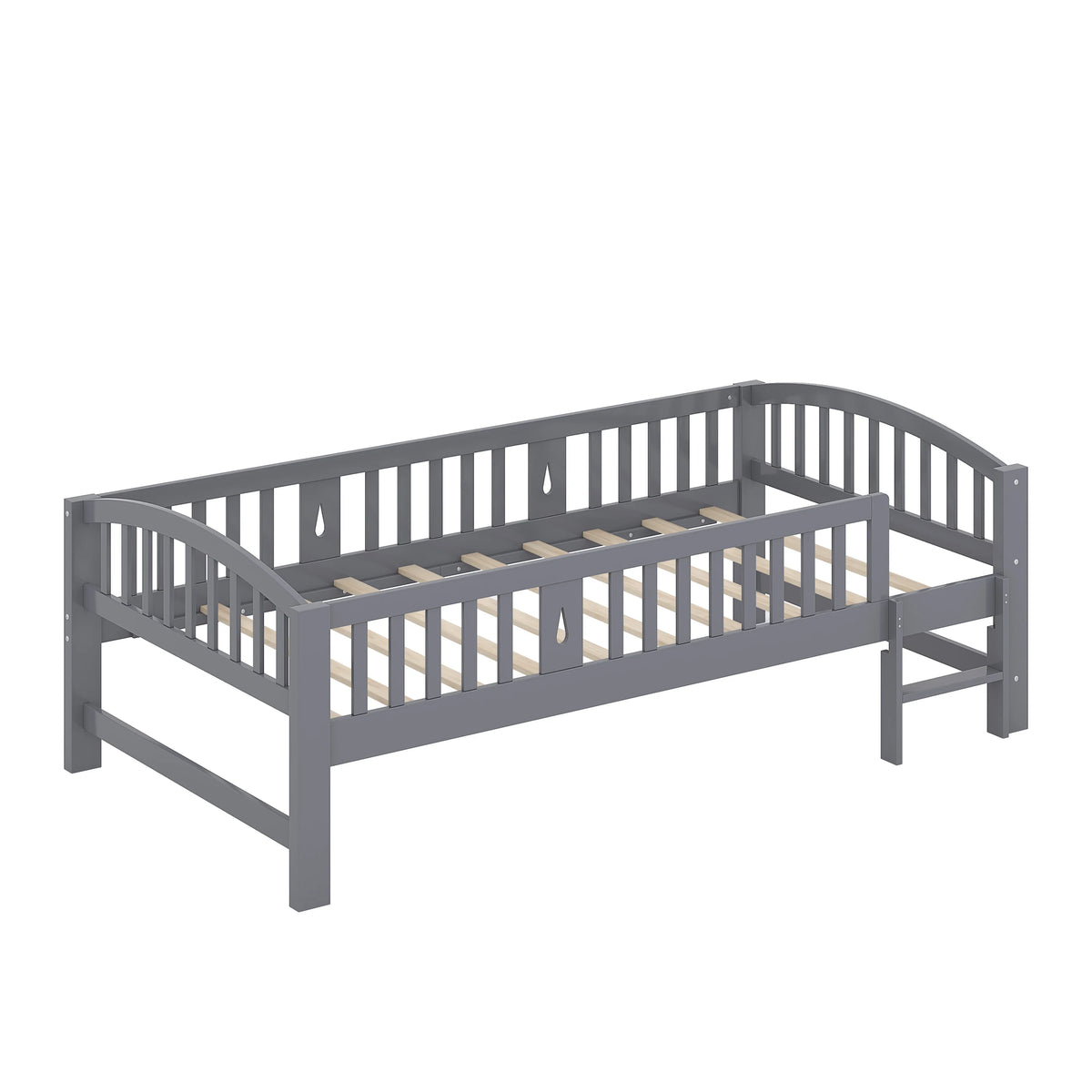 SESSLIFE Twin Size Platform Bed, Solid Wood Twin Bed Frame with Slats, Fence Guardrail Ladder, Twin Floor Bed with Strong Legs for Boys Girls, No Box Spring Needed, Holds 400 lbs, White
