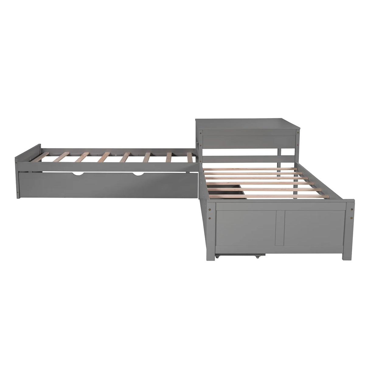 Euroco Wood Twin Size L-Shaped Platform Bed with Square Storage Table for Kids Teens, 2 Platform Beds with Trundle and Drawers for Living Room, 3 Twin Beds, Gray