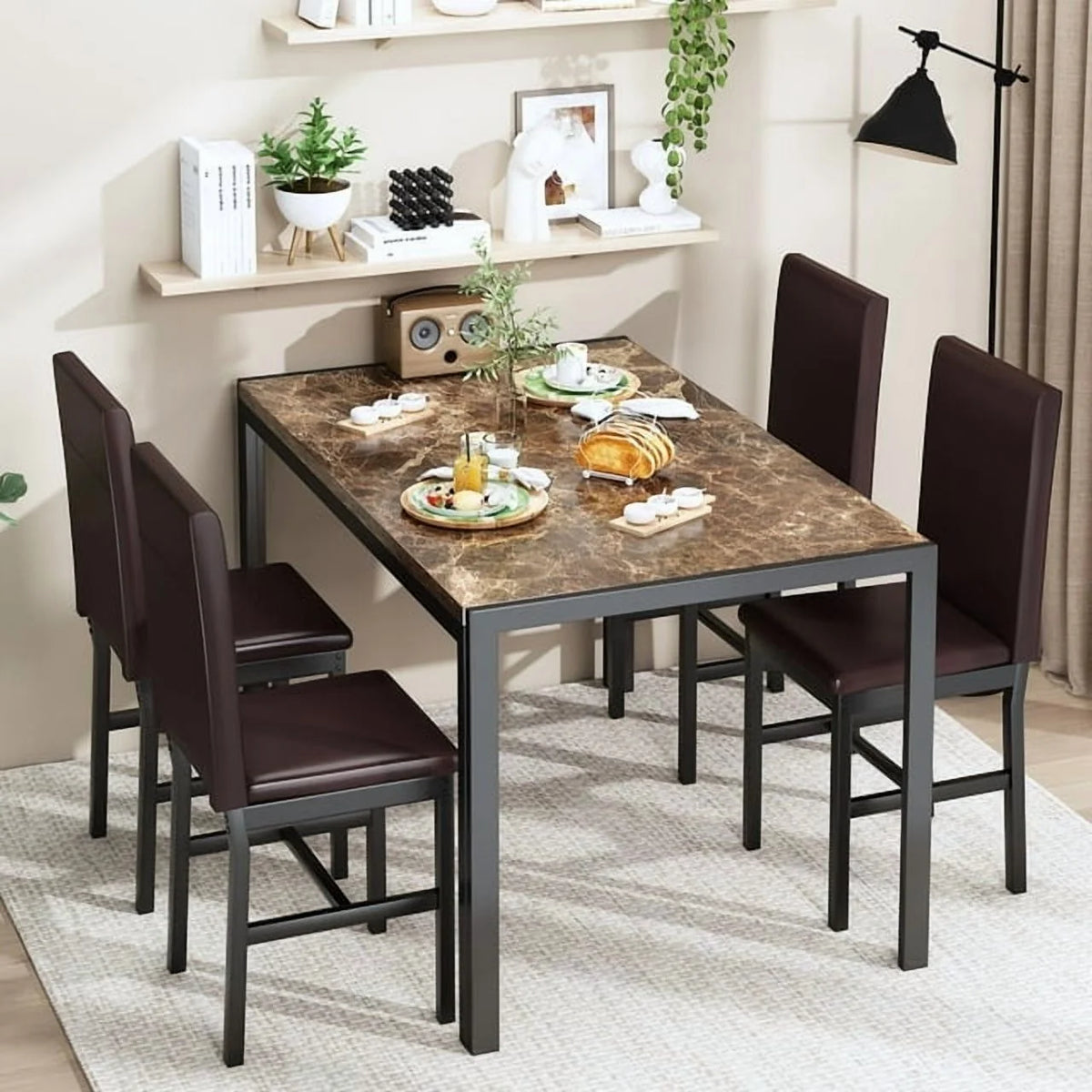 AWQM Dining Table Set of 4, Faux Marble 5 Piece Dining Room Table Set with PU Leather Chairs, Rectangular Kitchen Table Set for Apartment, Dining, White