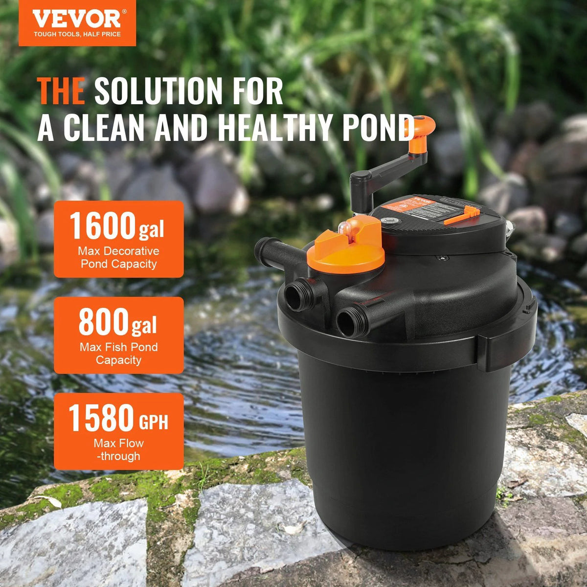 Bio Pressure Pond Filter with 13W UV-C Light, 1580 GPH, for Pools up to 1600 Gallons, Pressurized Biological Filtration for Garden Ponds, Koi Fish Tanks, Fountains