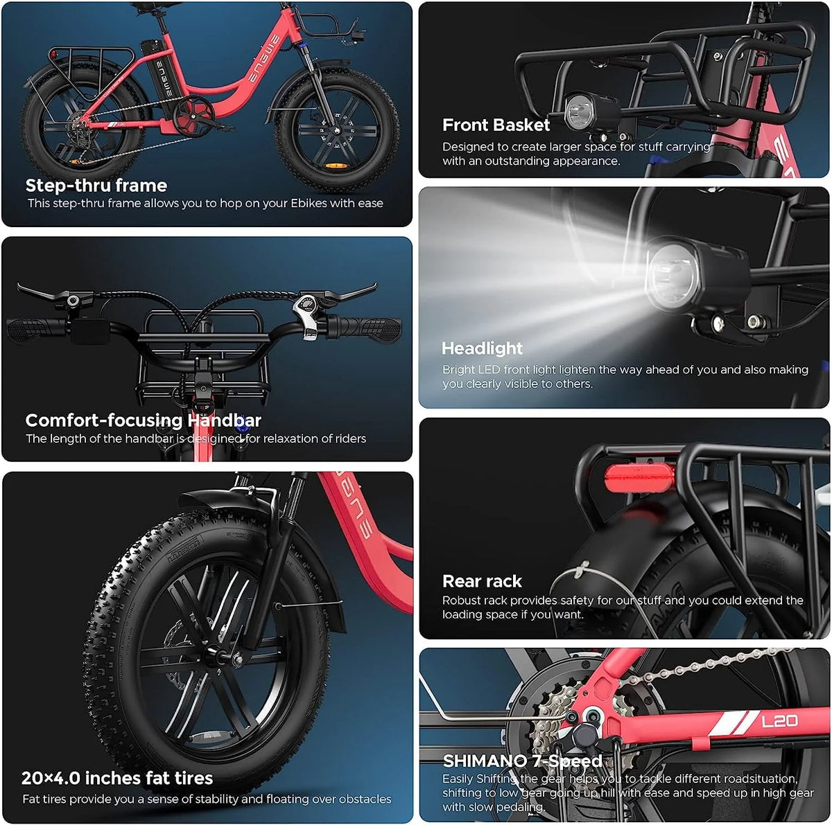 Engwe L20 Electric Bike for Adults,750W Motor 19.9MPH Fat Tire Mountain Bike with 48V 13AH Battery
