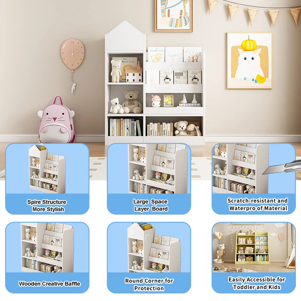 PORKISS Bookshelf for Kids, Wood Kids Bookcase with Toy Storage Organizer, Freestanding Book Shelf with 6 Compartments and 2 Baskets Bins for Kids Bedroom, Nursery, Playroom, Natural