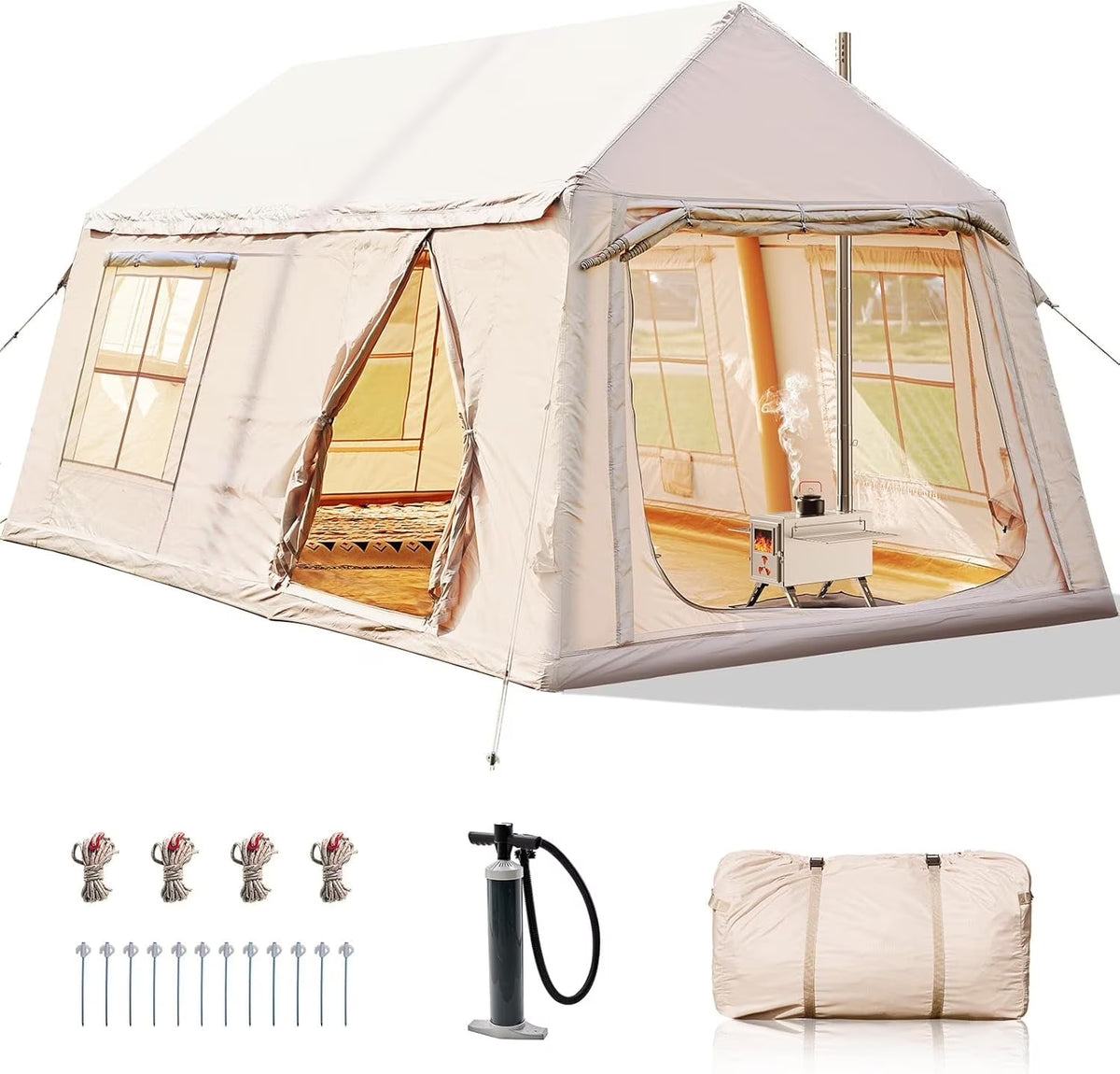 NAIZEA Inflatable Tents for Camping, Blow Up Tent with Hand Pump, Easy Setup Inflatable Hot Tent with Stove Jack, Waterproof Oxford Air Glamping Tents for Camping Adult 4-6 Person