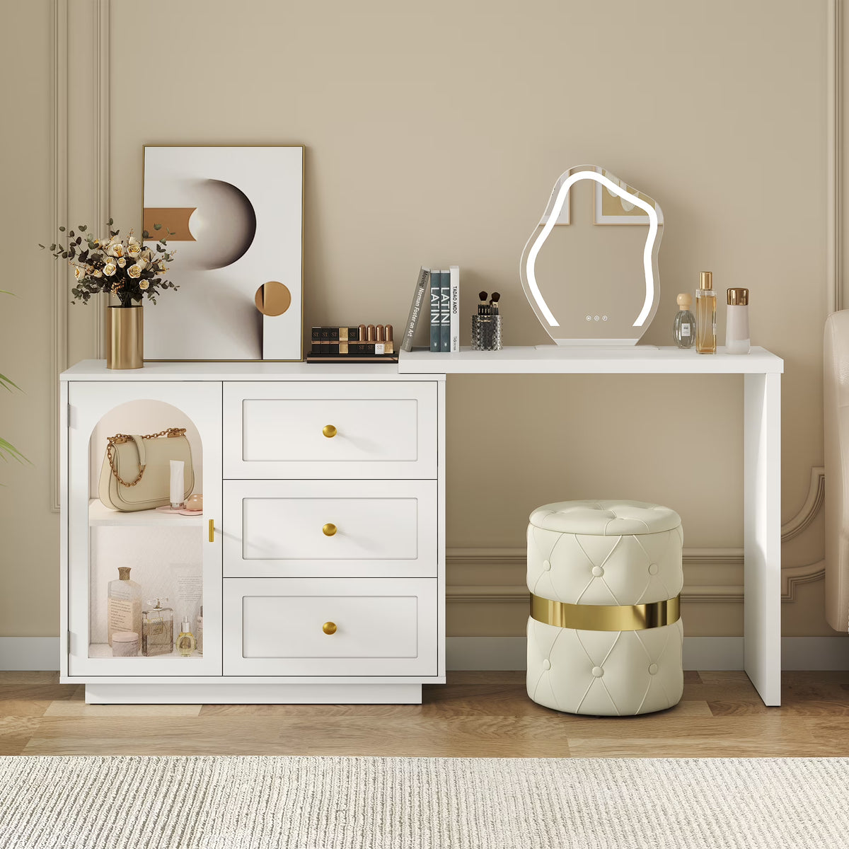 CozyHome 59�� Extendable Corner Vanity Desk with Rotatable Tabletop, Large White Makeup Vanity Table for Women Girl, 3 Drawer & 1 Door, Wood Vanity Dresser for Apartment, Dorm, Study Room, Home Office
