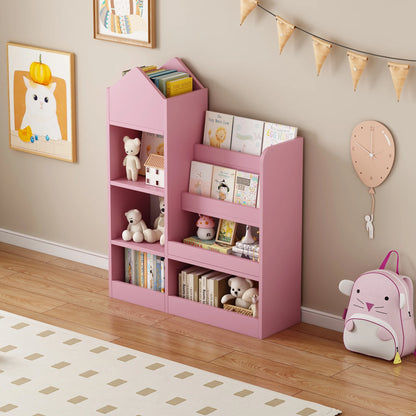 PORKISS Bookshelf for Kids, Wood Kids Bookcase with Toy Storage Organizer, Freestanding Book Shelf with 6 Compartments and 2 Baskets Bins for Kids Bedroom, Nursery, Playroom, Natural