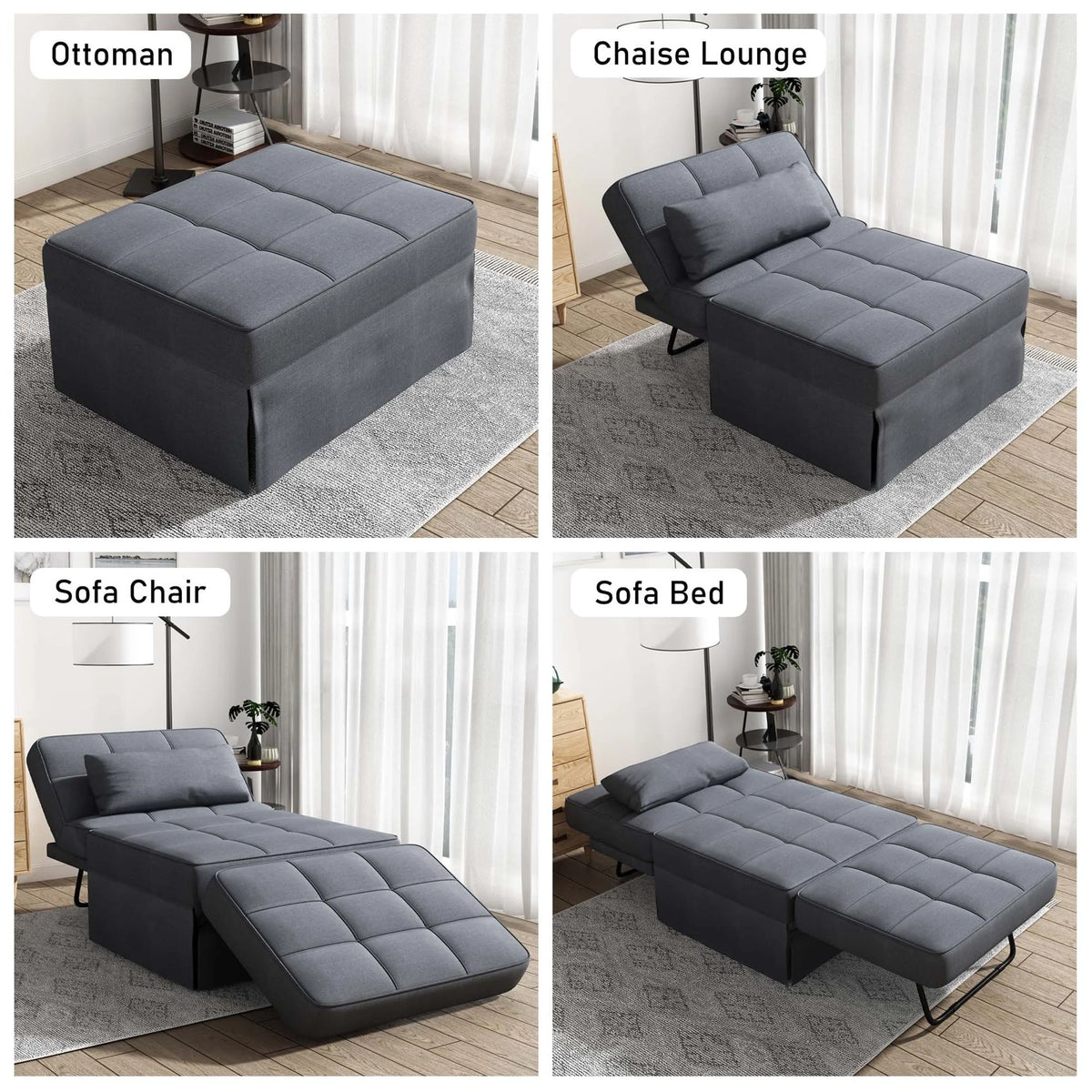 Aukfa 36" Wide Folding Chaise Futon Convertible Sofa Bed, Ottoman, Adjustable Backrest, Linen, Gray