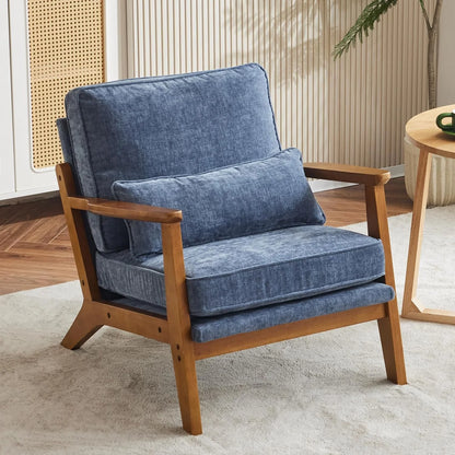 RWTFGV Solid Wood Wide Armrests Accent Chair,Upholstered Mid Century Modern Chair with Pillow,Comfy Reading Chair Farmhouse Arm Chair,Chairs Living Room,Bedroom,Guest Room,Linen Fabric,Beige