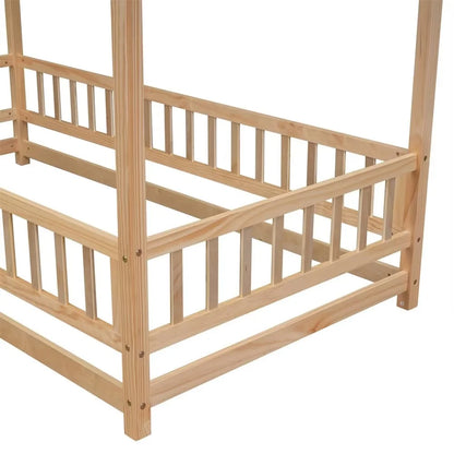 Twin Size House Bed for Boys and Girl, Wooden Canopy Bed Tent Bed, Playhouse Design Bed Frame with Full-lenth Guardrail, Bedroom Furniture, 79.5��L x 44.8��W x 66.2��H, White