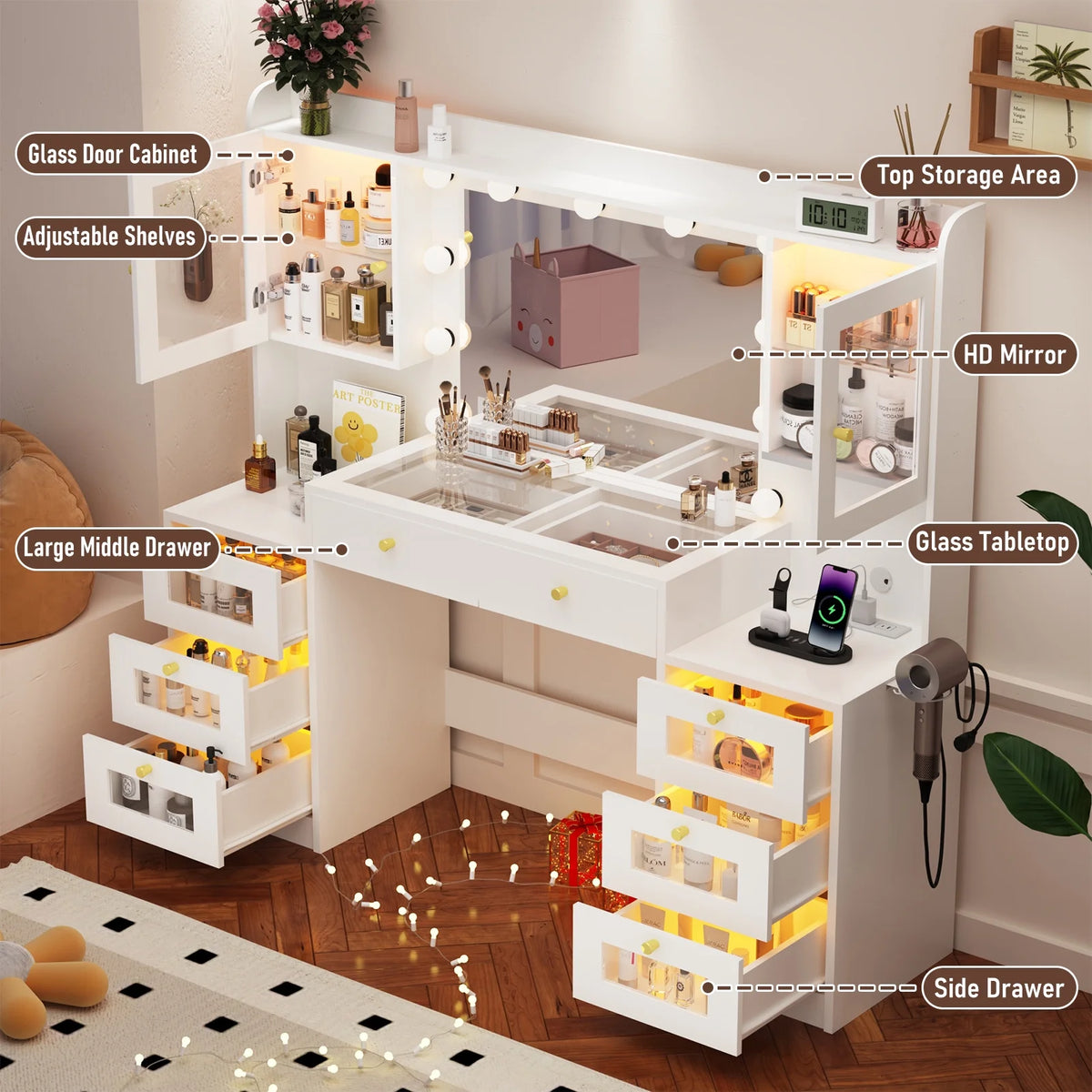 ChVans 62'' Large Vanity Desk with Tempered Glass Top, 11 LED Bulbs, Charging Station, Bedroom Makeup Vanity with 3 Lights Mode LED Mirror, 6 Translucent Drawers, 2 RGB cabinets for Women, Girls Gift