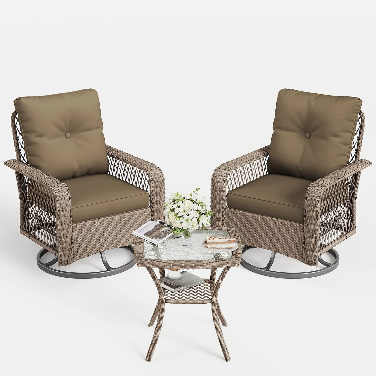 ELPOSUN 3 Pieces Patio Furniture Set, Outdoor Swivel Gliders Rocker, Wicker Patio Bistro Set with Rattan Rocking Chair, Glass Top Side Table and Thickened Cushions for Porch Deck Backyard