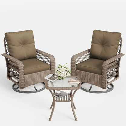 ELPOSUN 3 Pieces Patio Furniture Set, Outdoor Swivel Gliders Rocker, Wicker Patio Bistro Set with Rattan Rocking Chair, Glass Top Side Table and Thickened Cushions for Porch Deck Backyard