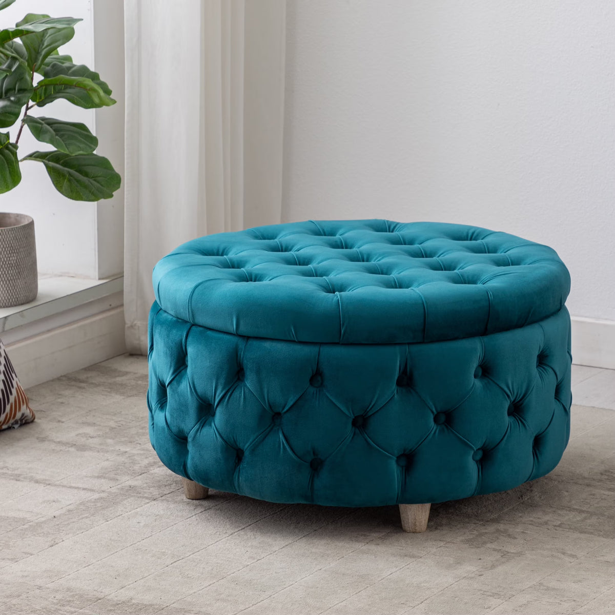 WestinTrends Wordford Round Velvet Tufted Storage Ottoman, Velvet Navy Blue