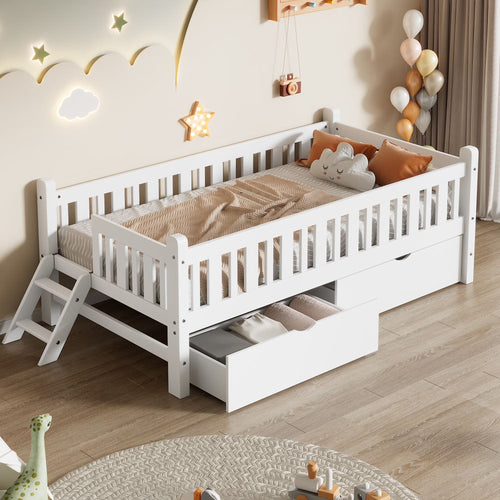 Euroco Wood Twin Size Platform Bed with 2 Drawers and Ladder for Kids and Toddlers, White