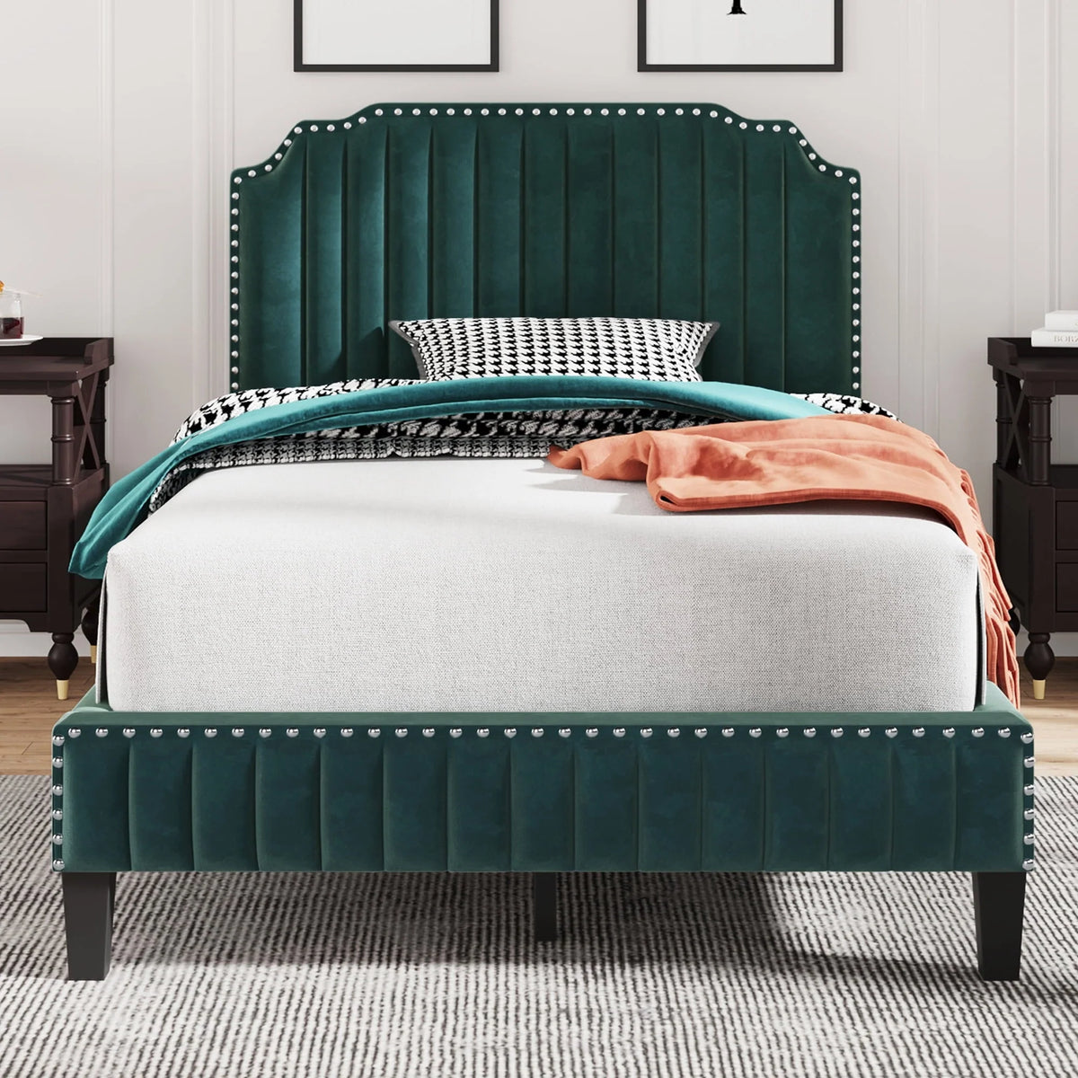 Green Upholstered Platform Bed, Full Size Bed Frame with Solid Wooden Slat Support and Curved Upholstered Wingback Headboard, Heavy Duty Full Bed Mattress Foundation, No Box Spring Required