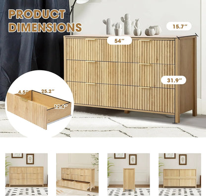 Magic Union Fluted 6 Drawers Dresser for Bedroom, 54" Wide Chest of Drawers with Thick Plank Styling, Wooden Storage Drawer Organizer for Bedroom, Living Room,Hallway, Entryway, Brown