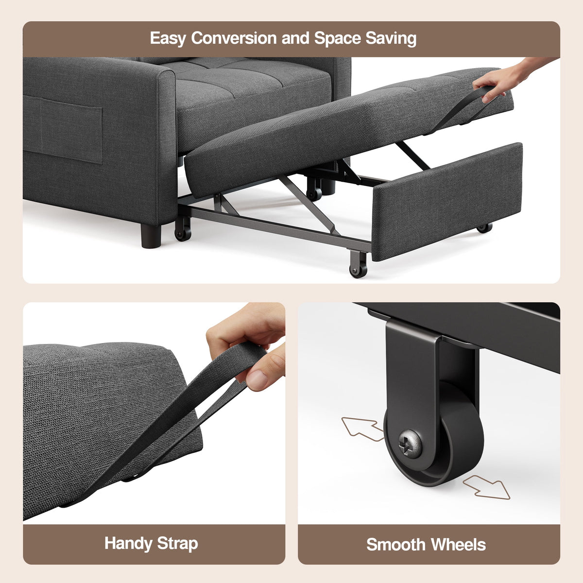 Sofa Bed, Lofka 3-in-1 Convertible Sleeper Sofa with Storage, Adjustable Backrest & Pull Out Function - Sleeper Chair for Small Space, Apartment, Dark Grey