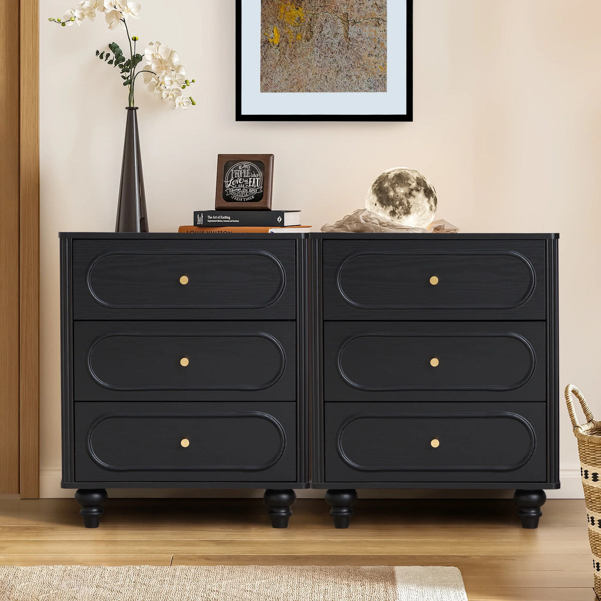 YOCWO 3 Drawer Nightstand, Classic Chest of Drawers with Arc Edge, Walnut