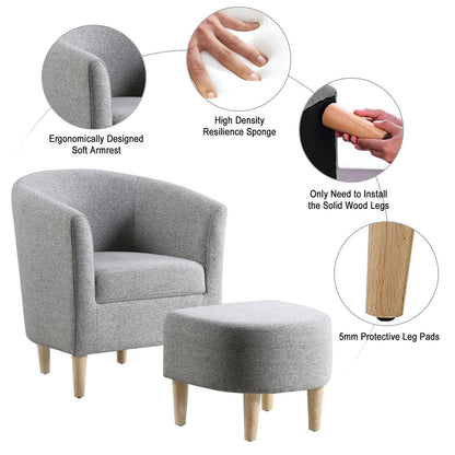 Lohoms Accent Arm Chair With Ottoman Set, Modern Home Leisure Chair with Footrest, Comfy Upholstered Armchair Single Sofa, Reading Chair with Solid Wood Legs for Living Room Bedroom, Gray