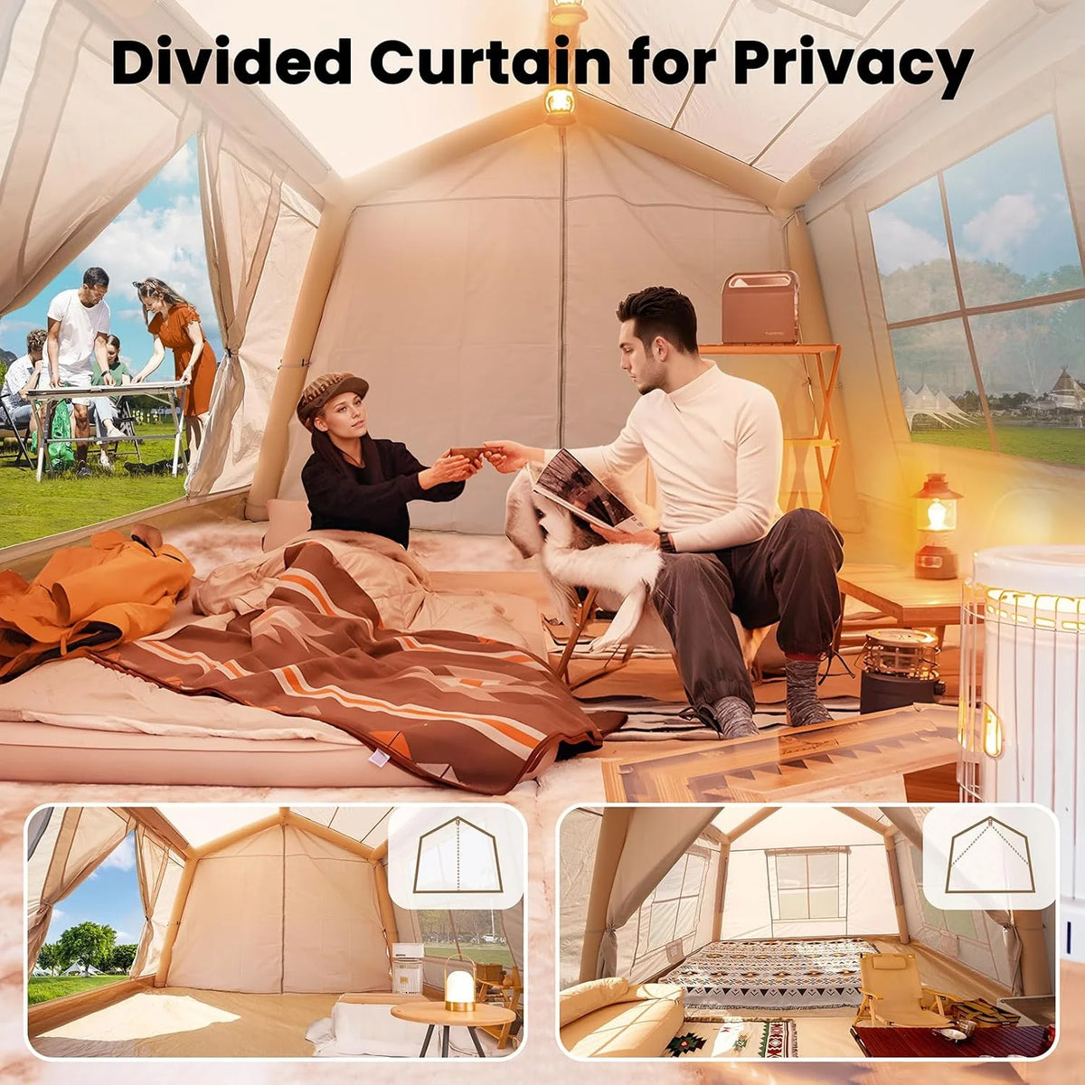 NAIZEA Inflatable Tents for Camping, Blow Up Tent with Hand Pump, Easy Setup Inflatable Hot Tent with Stove Jack, Waterproof Oxford Air Glamping Tents for Camping Adult 4-6 Person