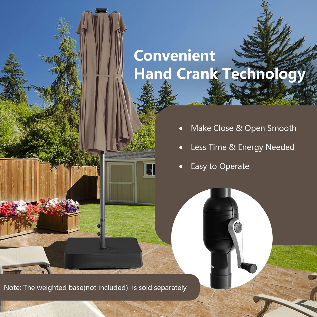 Costway 15FT Twin Patio Double-Sided Umbrella 48 Solar LED Lights Crank Outdoor Beige