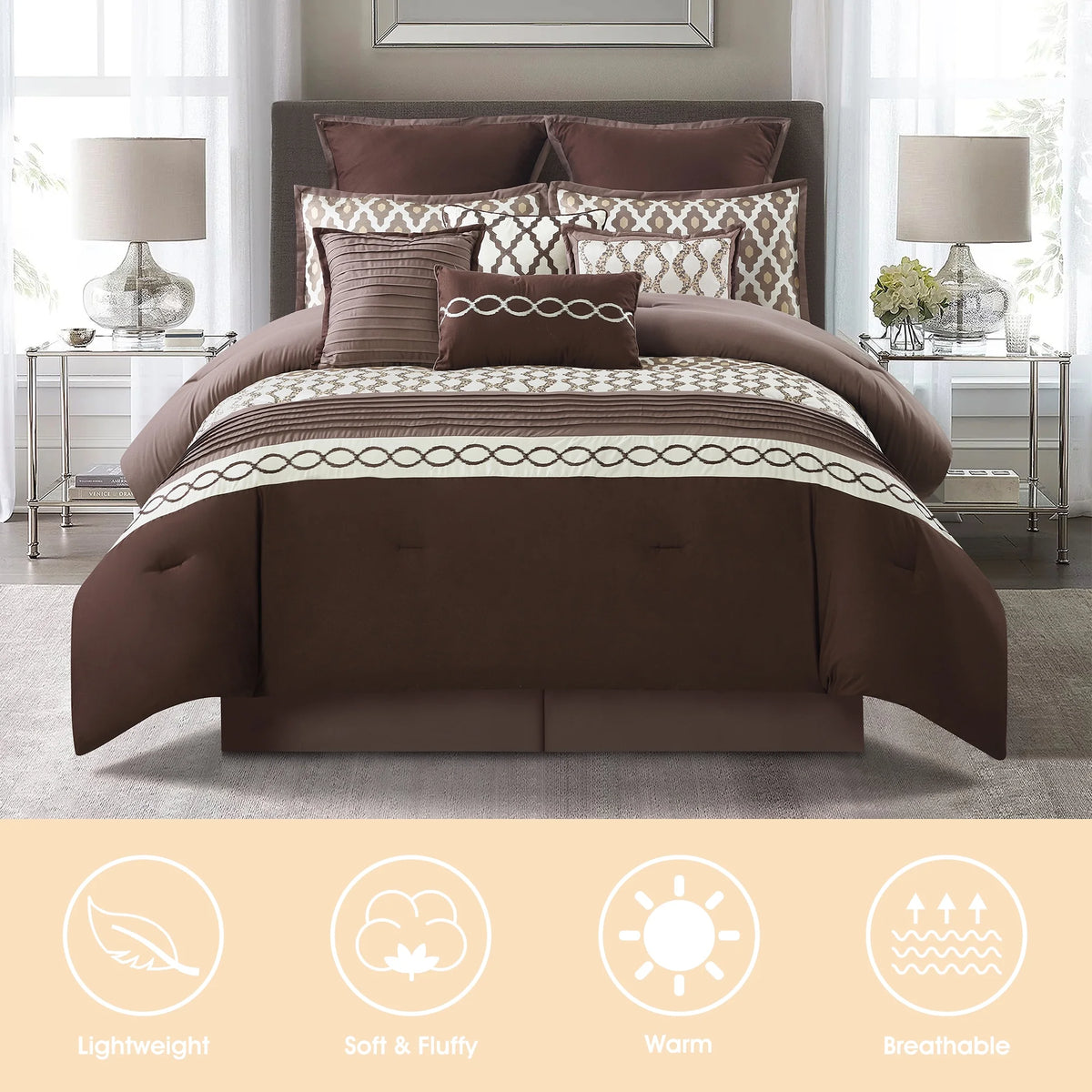 LANCO MODERN LIFESTYLE King Size Comforter Set, Burgundy, 10 Piece Bed in a Bag for All Seasons, Luxury Extreme Comfort Bedding Sets with Bedskirt, Pillow Shams, Euro Shams and Decor Pillows