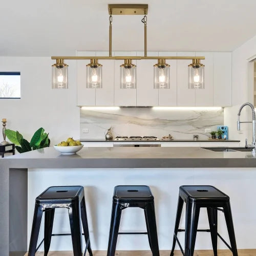 ACE-LIGHTS,Modern Industrial 5-Light Chandelier with Clear Glass Shades(Bulbs Not Included),Hanging Ceiling Light Fixture for Living Room,Dining Room,Kitchen Island(Black)