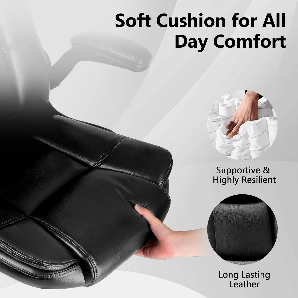 Office Chair - Ergonomic Leather Office Chair Computer Desk Chair, Comfortable High Back Office Chair with Adjustable Flip-up Armrest, Executive Leather Office Desk Chair with Smooth Wheels, Black