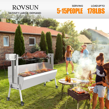 RovSun 46 Electric Rotisserie Grill 176 lbs Capacity 25w Pig Lamb Spit Roaster Rotisserie w/Lockable Wheels Wind Baffle with Adjustable Height