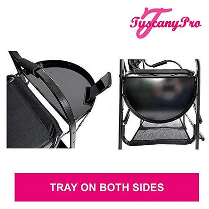TuscanyPro Portable Makeup Artist Chair with Storage Cart & Umbrella Light Set - Perfect for Makeup, Salons, Movie Sets - Italian Design - 29 Inch Seat Height