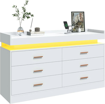 ANPOO 9 Drawer Dresser with LED Lights and Charging Station, Modern Double Wide Chest of Drawers with Power Outlet for Bedroom, Living Room