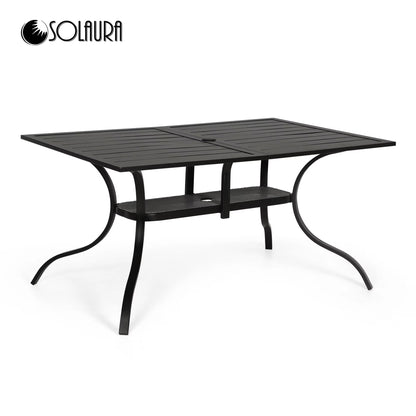 SOLAURA Outdoor Patio Dining Rectangle Metal Table for 6-Person with Umbrella Hole, Black