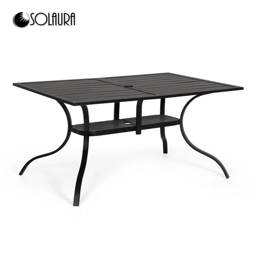 SOLAURA Outdoor Patio Dining Rectangle Metal Table for 6-Person with Umbrella Hole, Black