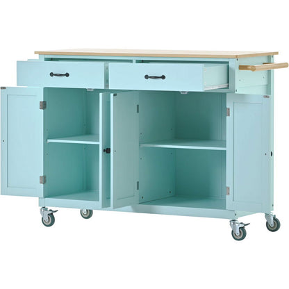 Kitchen Storage Islands&Carts with Solid Wood Top and Locking Wheels, Kitchen Island Cart with 4 Door Cabinet and Two Drawers, Kitchen Cabinets for Kitchen and Dining Room, Green