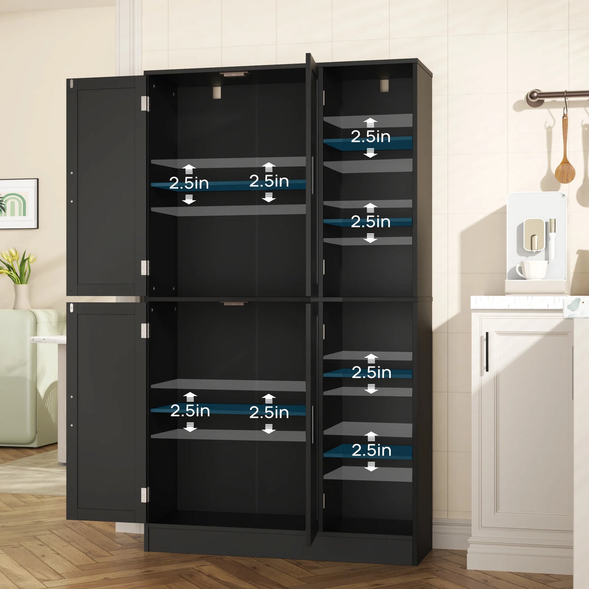63" Tall Kitchen Pantry, Kitchen Pantry Cabinet with 4 Doors and Adjustable Shelves, Storage Cabinet for Dining Room, Laundry Room, Oak